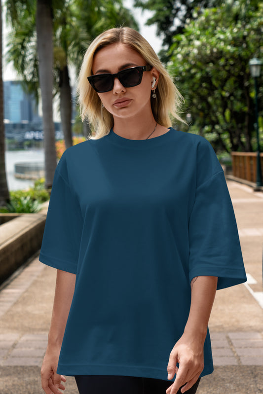 Teal Blue Heavyweight Women Oversized Solid T-Shirt