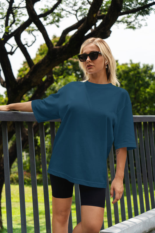 Teal Blue Heavyweight Women Oversized Solid T-Shirt