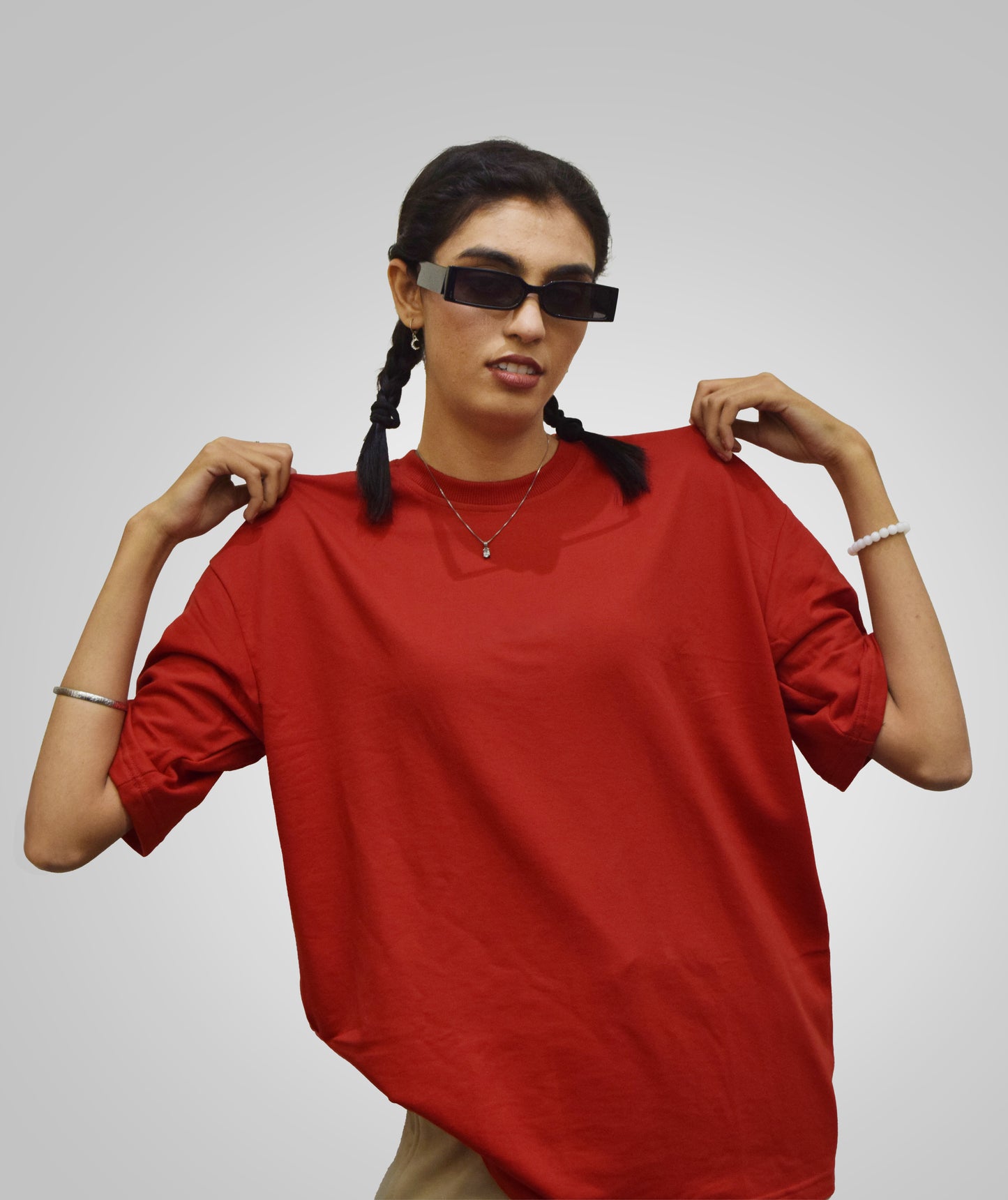 Red Heavyweight Women Oversized Solid T-Shirt