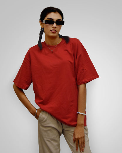 Red Heavyweight Women Oversized Solid T-Shirt