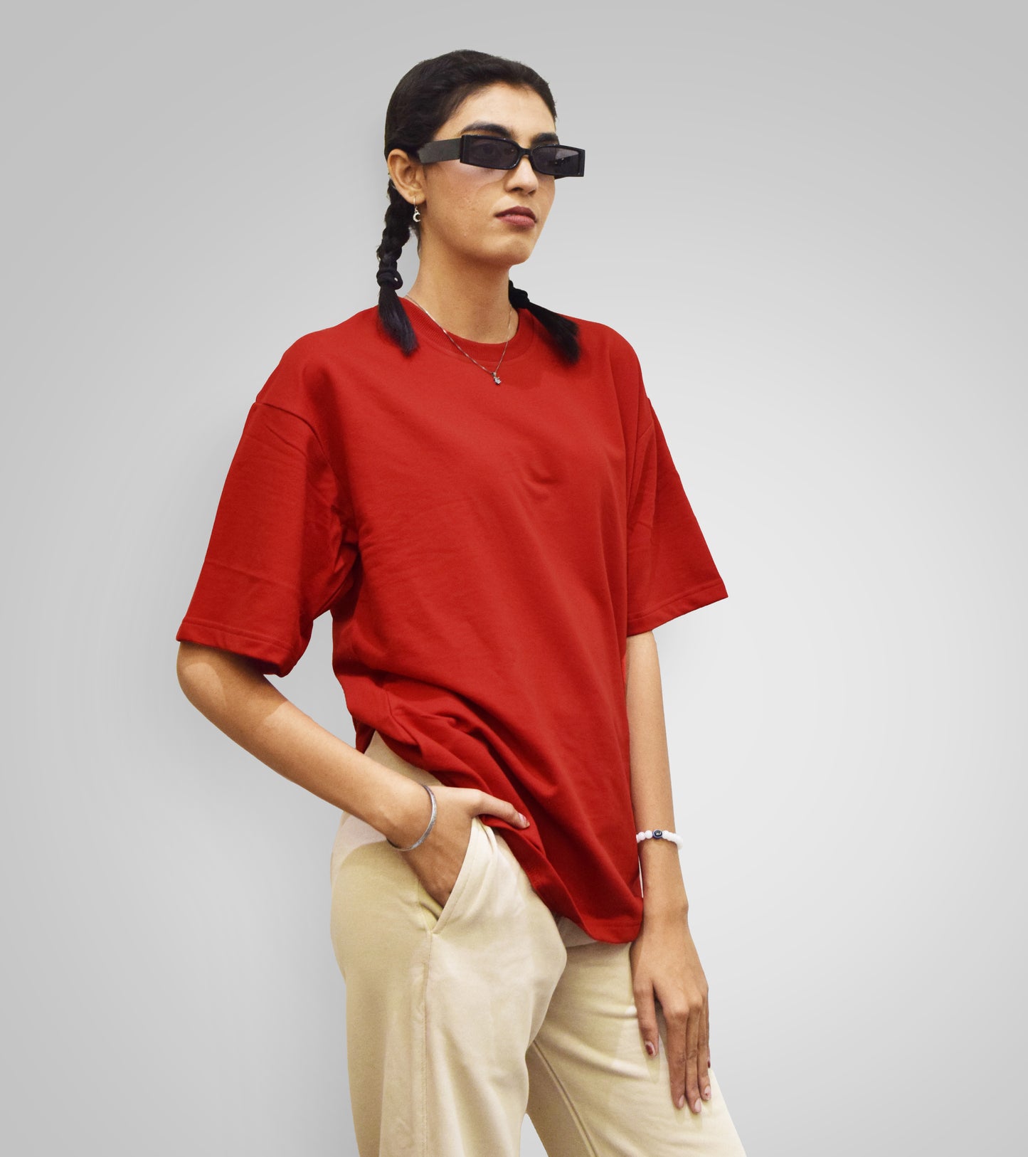 Red Heavyweight Women Oversized Solid T-Shirt